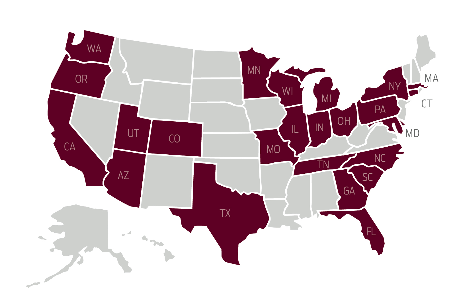 United States map showing in maroon which states the Class of 2030 hail from United States map showing in maroon which states the Class of 2030 hail from